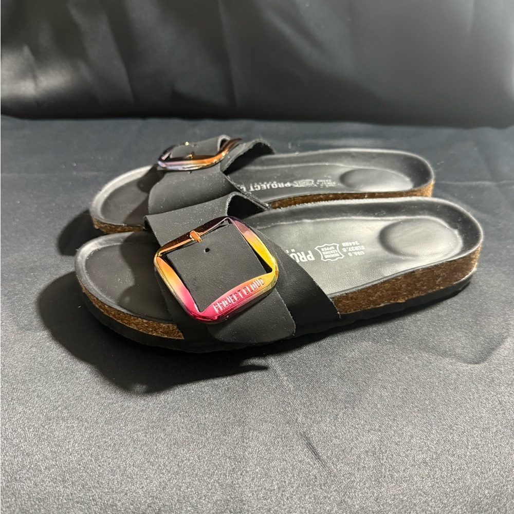 Black Slide Sandals with Iridescent Buckle